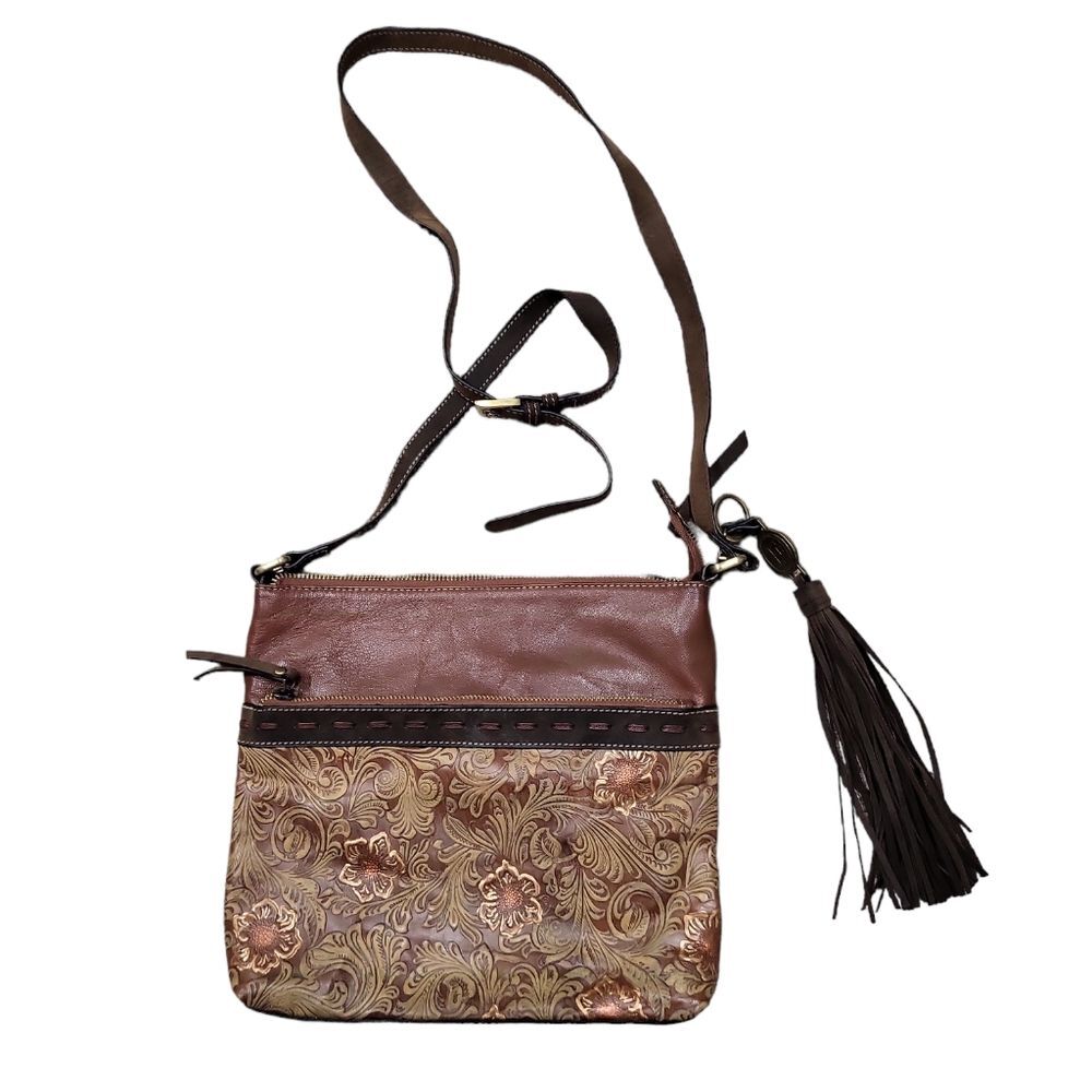 EUC Vintage Firenze Bella Women’s leather floral embossed crossbody bag fringe